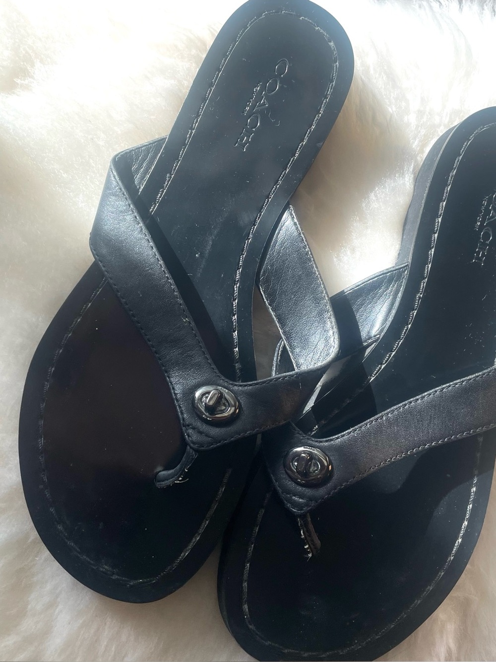 Coach Black Leather Toe-Post Sandals with Silver Hardware